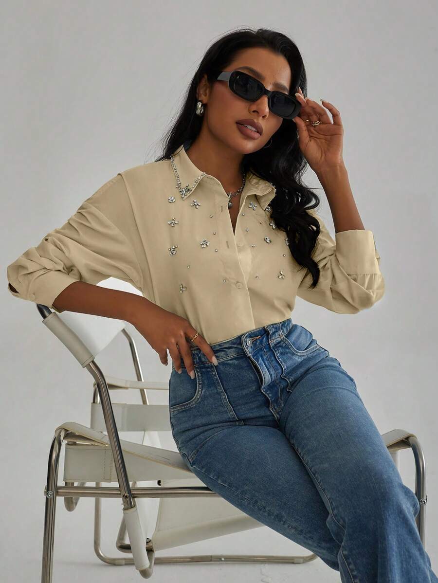 Aveloria Modichic Camicia a maniche lunghe da donna con decorazione di tipo diamante, elegante camicia casual da ufficio con bottoni per donne