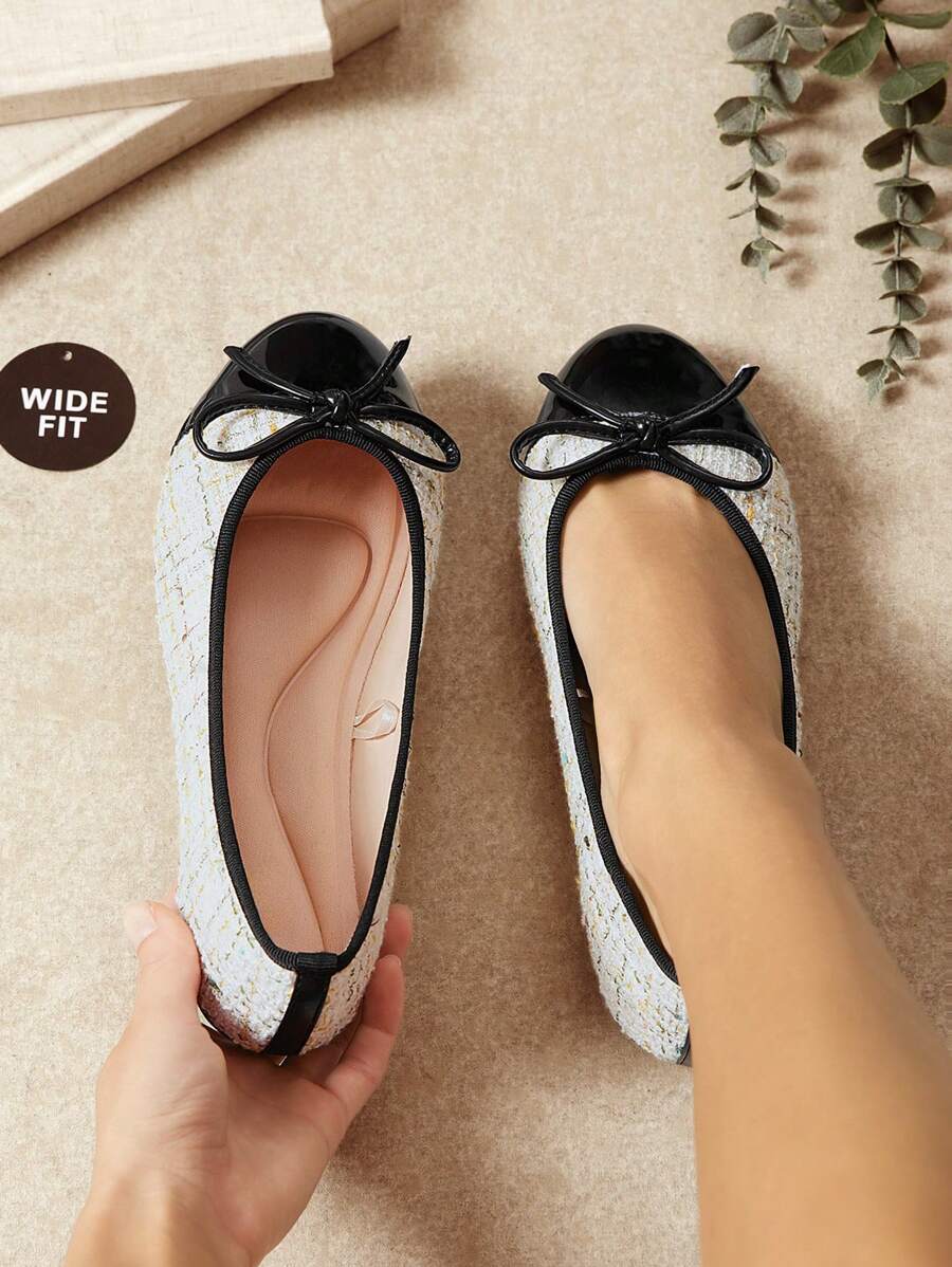 SHUZIA Women's Wide Fit Black Tweed& Architectural Toe Ballet Flats-French-Inspired Geometric Stitch Mother's Day Present For Christmas - Multicolor - View 1