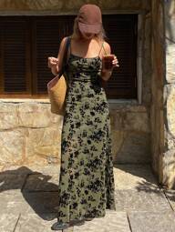 Livesso 여성용 플랜트 프린트 & 꽃 무늬 플록 메시 스트랩 미디 드레스 디티 플로럴 여름, 캐주얼 여성 드레스 휴가