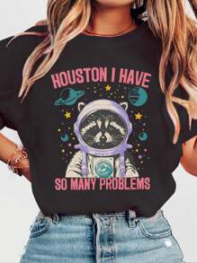 Flirla Raccoon T-Shirt - Funny Vintage Raccoon Tee - Raccoon Astronaut T-Shirt - Retro Pattern Shirt - Raccoon Print T-Shirt For Women Graphic Tees Women Tops - Black - View 1