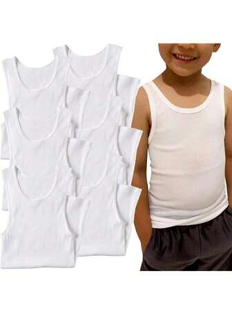 SHEIN Genkimix Kids 6件套男童纯白色圆领上衣套装，柔软舒适的针织面料，适合日常穿着、运动、度假，可搭配运动短裤或牛仔短裤，是上学、度假、休闲、旅行、放松、日光浴、夏季的理想之选。