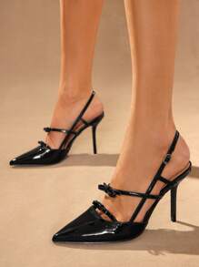 SHUZIA Women's Minimalist Point Toe Artificial Patent PU Stiletto Heels - Black - View 3