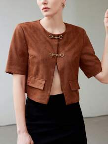 SHEIN Privé 女款夏季優雅辦公西裝外套，棕色系梅納德復古法式奢華金屬鈕扣短袖翻領休閒夾克極簡上衣 - 鏽棕色 - 查看 1