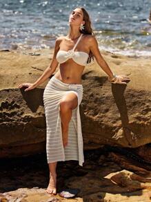 SHEIN Apricot Hollow Out Crochet Flower Single Strap Cropped Camisole & Crochet Flower Slit Skirt Elastic Waist 2 Pieces Set For Casual & Holiday For Summer Beach Vacation - Apricot - View 4