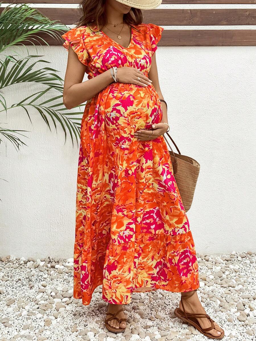 SHEIN Floral Print V-Neck Cap Sleeve Maternity Vacation Dress - Burnt Orange - View 1