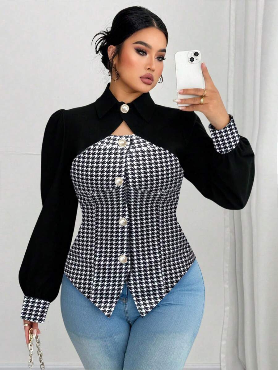 Calvaya 大码女式拼接千鸟格图案镂空设计休闲舒适百搭通勤衬衫 - 彩色 - 查看 1