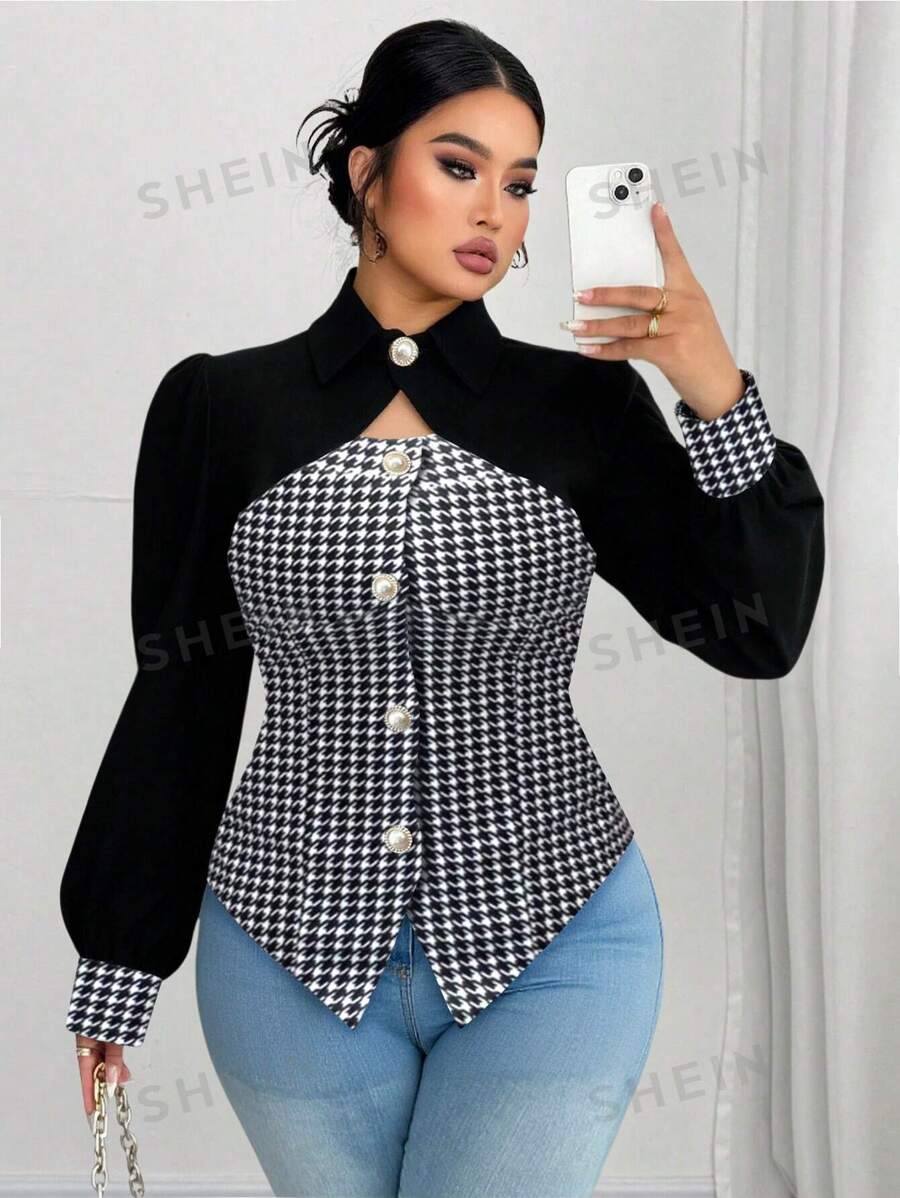 Calvaya Camisa casual, cómoda y versátil de talla grande para mujer con diseño hueco de patrón pata de gallo en patchwork