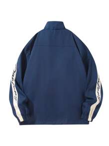 Manfinity Sporsity Chaqueta con cremallera para hombre con bloqueo de color y estampado de letras, chaqueta gráfica con cremallera para hombres
