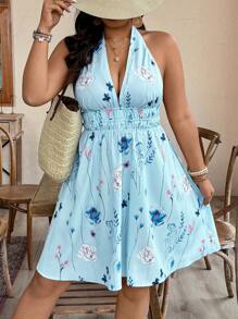 Breezaya Plus Size Women Random Floral Print Halter Backless Dress, Vacation Outfit - Multicolor - View 7