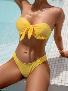SHEIN Swim Women's Solid Color Twist Front Removable Pad Bandeau Bikini Set, Sexy Beach Swimwear Wireless - Yellow - View 4