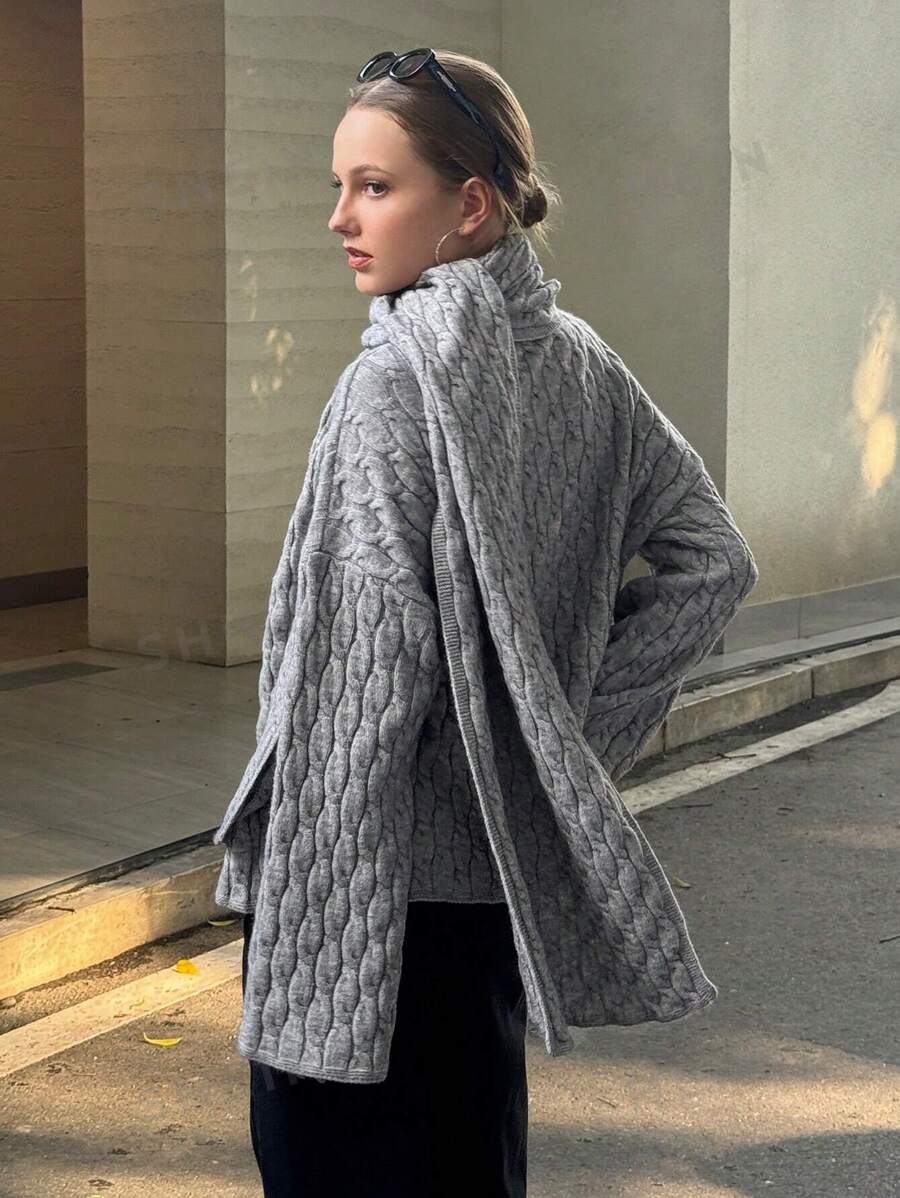 INAWLY Pulover de damă cu mânecă lungă, de culoare solidă - Gri - Vizualizare 1