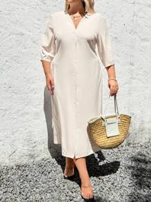 INAWLY 大码 V 领长袖前扣连衣裙 - 杏色 - 查看 4