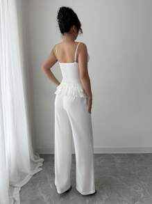 Elenzga 2pcs Women Elegant Ruffled Strap Tube Top & Straight Leg Pants Set - White - View 2