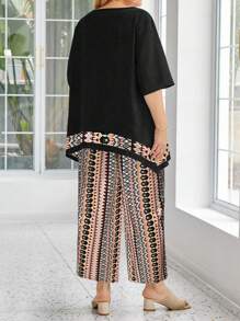 EMERY ROSE Conjunto de 2 piezas de talla grande con camiseta de manga corta y cuello redondo y pantalones, de moda para el verano - Multicolor - Ver 2