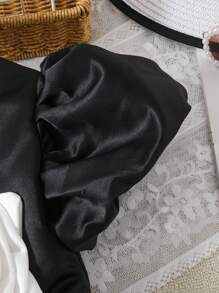 SHEIN Young Girl Elegant Color Blocking 3D Flower Puff Sleeve Smocked Flared Dress - Black - View 4