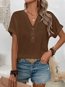 EMERY ROSE Women's Solid Color V-Neck Button Design Short Sleeve Casual T-Shirt - Brown - View 5