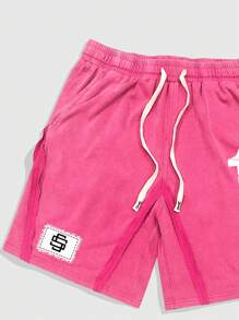 ROMWE MEN Street Life Men's Casual Number Washed Patchwork Print Shorts, Summer - Hot Pink - View 3