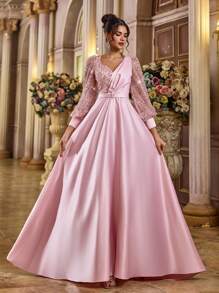 Glamrae Elegant Sheer Long Sleeve Beaded Sequin Patchwork Satin Maxi Dress With Detachable Belt, Suitable For Wedding, Party, Vacation, Graduation, Prom, Mother Of The Bride, Wedding Guest Dress, Formal Dress, Evening Dress, Gown - Pink - View 4