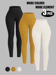 INAWLY 3 Pcs Set Women's Solid Ribbed Leggings - Multicolor - View 3