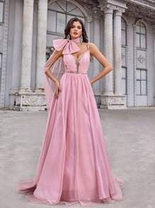 Glamrae Wunderschönes, elegantes, nobles, Fairy-Stil Rosa Kontrast Mesh glitzerndes tief ausgeschnittenes durchsichtiges Kleid mit Strass-Ketten-Dekoration und großer Schleife im A-Linie Stil, geeignet für Junggesellinnenabschiede, Hochzeitsgäste, Musikfestivals, Urlaub, Tanzveranstaltungen, formelle Dinnerkleidung, Partykleid, Abendkleid, Abendgown - Rot - Übersicht 7