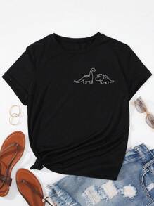 SHEIN LUNE Dinosaur Print Tee Graphic Tees Women Tops - Black - View 1