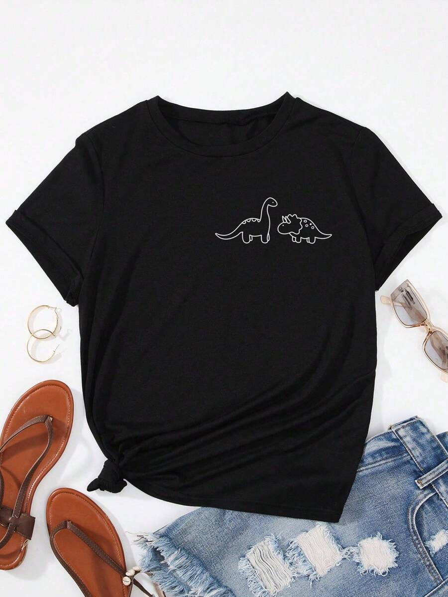 SHEIN LUNE Dinosaur Print Tee Graphic Tees Women Tops - Black - View 1