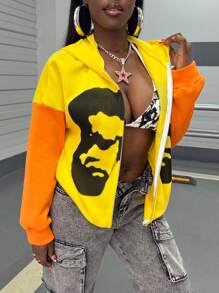 INAWLY Women's Contrast Color Graphic Print Zipper Hoodie - Yellow - View 3