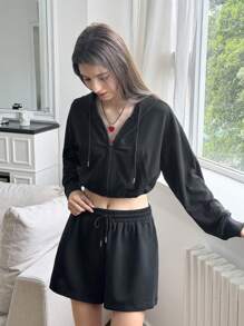 INAWLY 2pcs Women's Solid Color Hooded Zip-Up Jacket And Drawstring Shorts Casual Set - Black - View 5