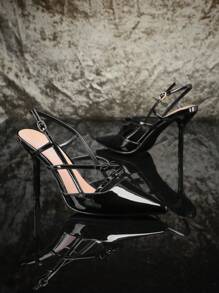 SHUZIA Women's Minimalist Point Toe Artificial Patent PU Stiletto Heels - Black - View 4