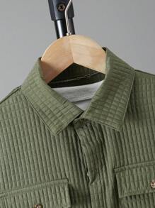 SHEIN Vacaura 2pcs/Set Boy's Streetwear Cargo Style Shirt + Bermuda Shorts Set, Summer Fashionable & Versatile, School, Campus, College Summer Holiday - Army Green - View 3