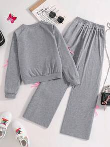 SHEIN 2 件套青少年女孩休闲度假舒适可爱蝴蝶结撞色松紧带花卉灰色 2 件套