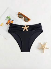 Swim Basics Women's Summer New Solid Color Beach Holiday Ruched Design With Metal Starfish Decor Bikini Bottom - Black - View 6