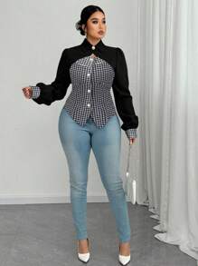 Calvaya Camisa casual, cómoda y versátil de talla grande para mujer con diseño hueco de patrón pata de gallo en patchwork