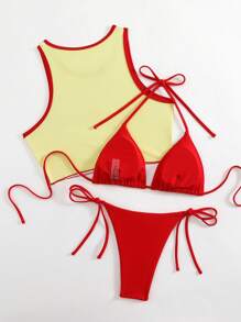 Swim Vcay Women's Sexy 3-Piece Red Casual Bikini Set Swimsuit, Elegant Holiday Outfit For Summer Beach Vacation