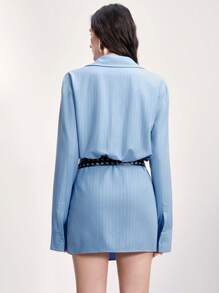 SHEIN LUNE Stylish Woven Mini Dress For Women: Blue Pinstriped Wrap Dress With Collar, Extra-Long Sleeves, And Asymmetrical Hem Fall Cloth For Women - Blue - View 2