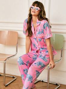 Chillnights Women Leopard Print Short Sleeve Button-Up Top And Pants Pajama Set - Multicolor - View 1