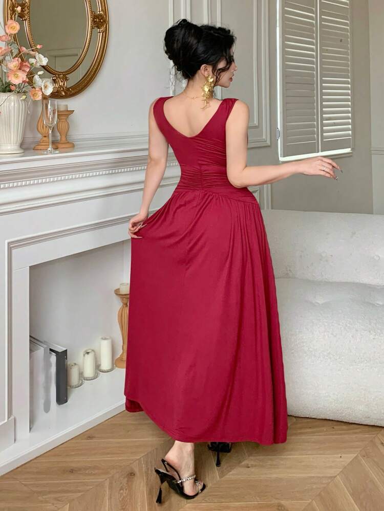 Plain V-Neck Ruched Sleeveless Mid-Calf Dress For Women Sundress Red Women Dresses Prom Dress Elegant Women Dresses Maxi Dress