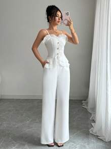 Elenzga 2pcs Women Elegant Ruffled Strap Tube Top & Straight Leg Pants Set - White - View 3