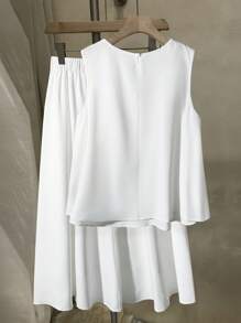 SHEIN Clasi 圆领 3D 蝴蝶结无袖上衣和加大码 A 字裙套装 - 白色 - 查看 2