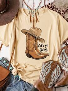 Calvaya Women's Short Sleeve Western Boots And Hat Monogram Print T-Shirt Casual Short Sleeve Crew Neck Top Let's Go Girls Graphic Tees Women Tops - Apricot - View 1