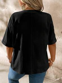 Momelise Plus Size Casual Notched Neck Wood Button Decoration Short Sleeve Shirt - Black - View 2