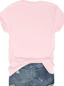 SHEIN LUNE Plus Size Women Floral Print Round Neck Short Sleeve Casual T-Shirt - Pink - View 2