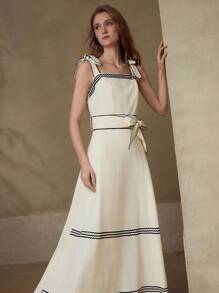 MOTF PREMIUM 撞色饰边束带连衣裙 - 杏色 - 查看 4