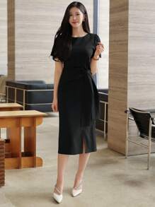 DAZY 纯色圆领百褶前系带长款中长连衣裙，女士优雅太阳裙