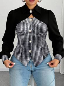 Calvaya Camisa casual, cómoda y versátil de talla grande para mujer con diseño hueco de patrón pata de gallo en patchwork