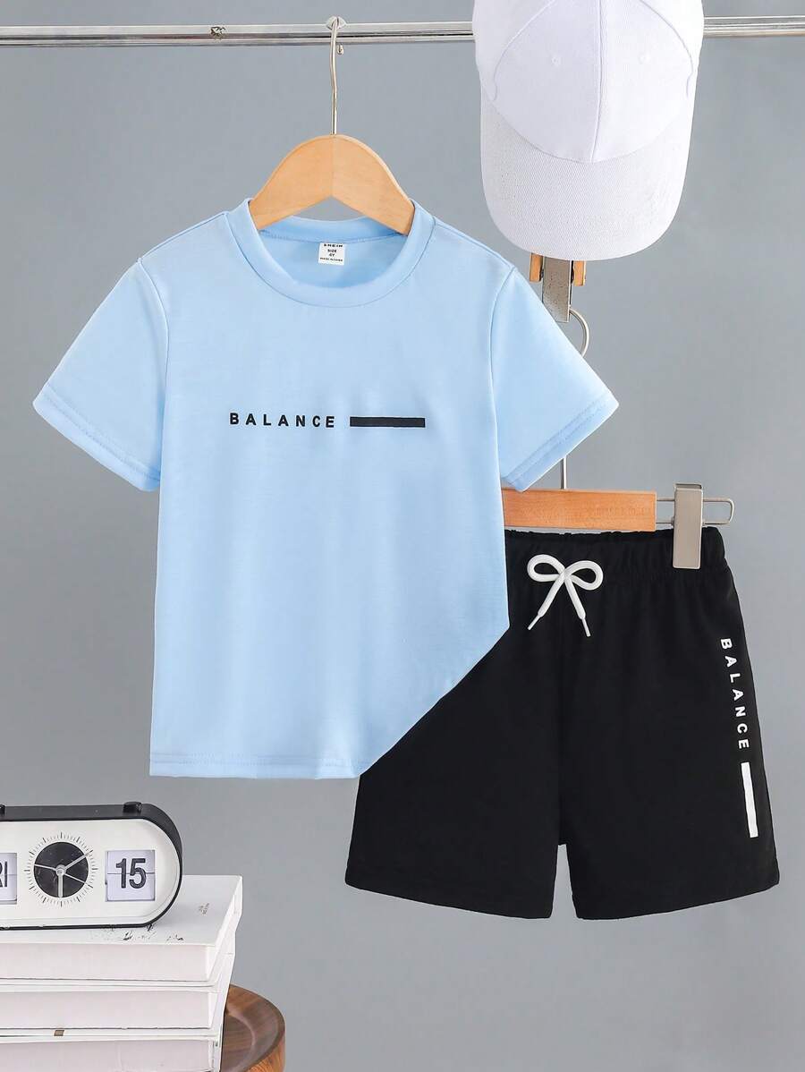 SHEIN Explorewe 2 件/套:年轻男孩字母印花圆领短袖 T 恤和短裤,度假,假日,旅行,放松,日光浴,夏季 - 彩色 - 查看 1