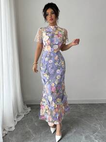 Elenzga Women Short Sleeve Fitted Elegant 3D Embroidery Dress - Multicolor - View 5