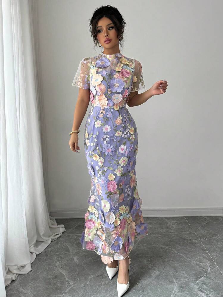 Elenzga Robe élégante ajustée à manches courtes pour femmes avec broderie 3D - Multicolore - Voir 5