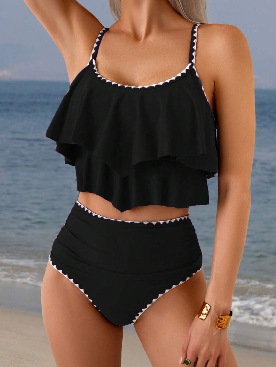 Swim Lushoire 2pcs Spring Break Ruched Contrast Color Floral High Waist Triangle Swim Bottoms, Waistband Ruched For Summer Beach Vacation - Black - View 1
