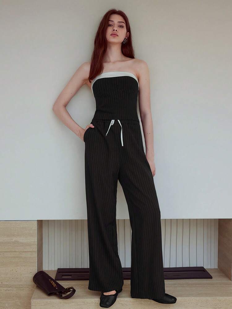 MOTF STUDIO PANTALON À IMPRIMÉ RAYURES AVEC BORDS-CÔTES CONTRASTANTS